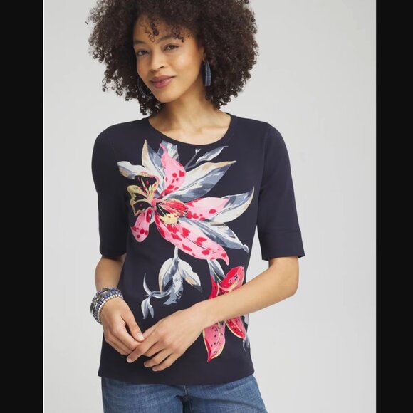 Chico’s Floral Jewel Neck Tee 4 (XXL 20/22) Classic Navy - Picture 1 of 4